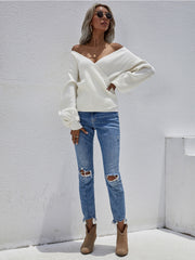 Lantern-Sleeve V-Neck Wrap Knit Top - White
