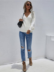 Lantern-Sleeve V-Neck Wrap Knit Top - White