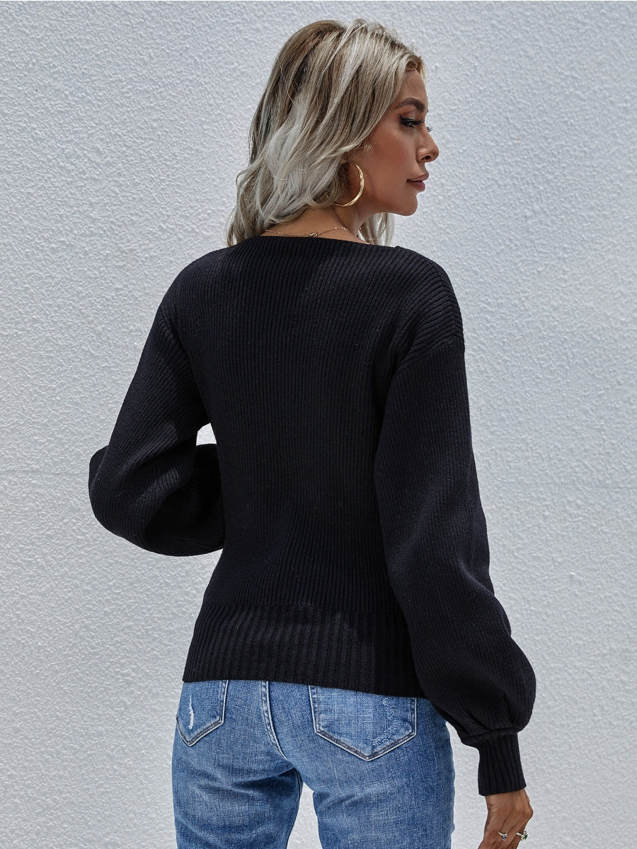 Lantern-Sleeve V-Neck Wrap Knit Top - Black