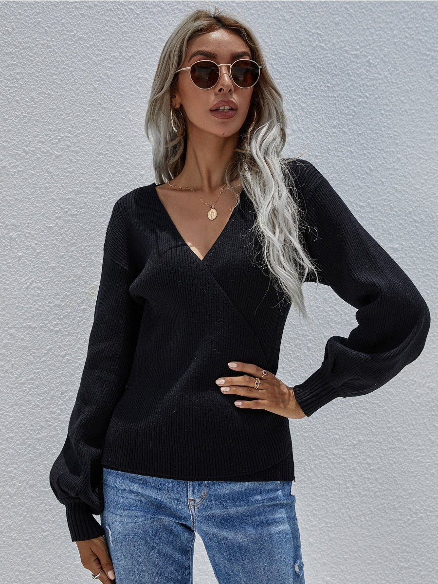 Lantern-Sleeve V-Neck Wrap Knit Top - Black