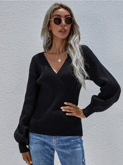 Lantern-Sleeve V-Neck Wrap Knit Top - Black