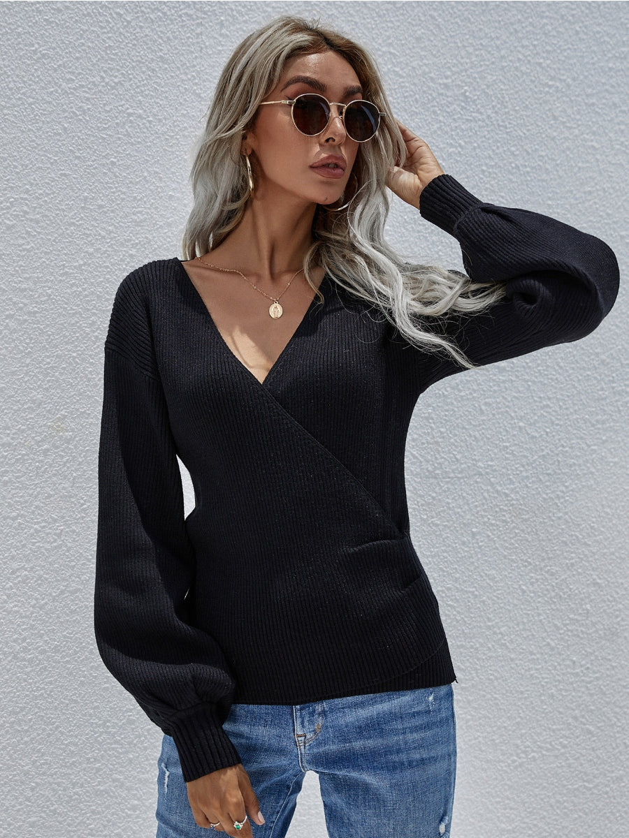 Lantern-Sleeve V-Neck Wrap Knit Top - Black