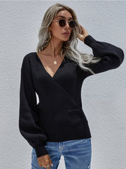 Lantern-Sleeve V-Neck Wrap Knit Top - Black