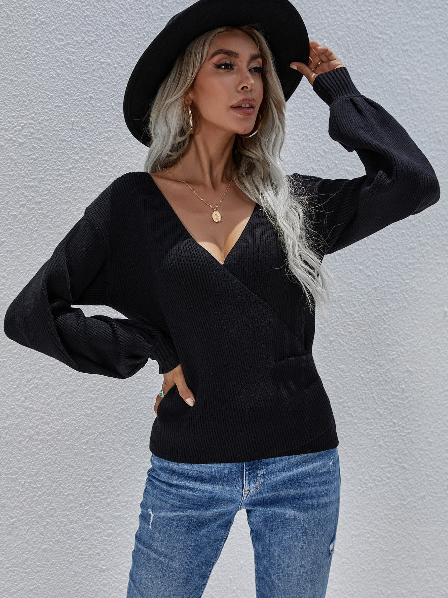 Lantern-Sleeve V-Neck Wrap Knit Top - Black