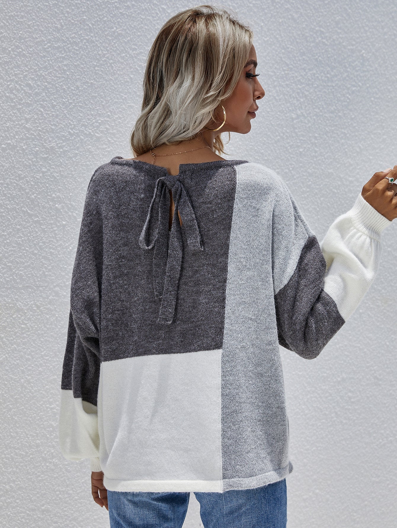 Color Block Pattern Knit Sweater - Grey