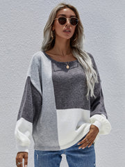 Color Block Pattern Knit Sweater - Grey