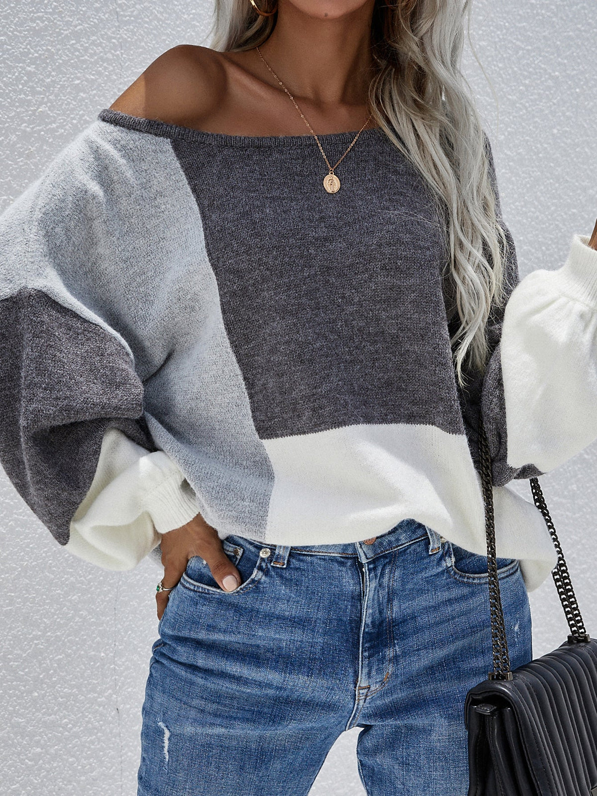 Color Block Pattern Knit Sweater - Grey