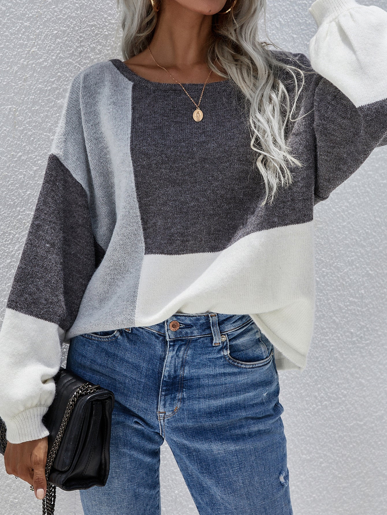 Color Block Pattern Knit Sweater - Grey