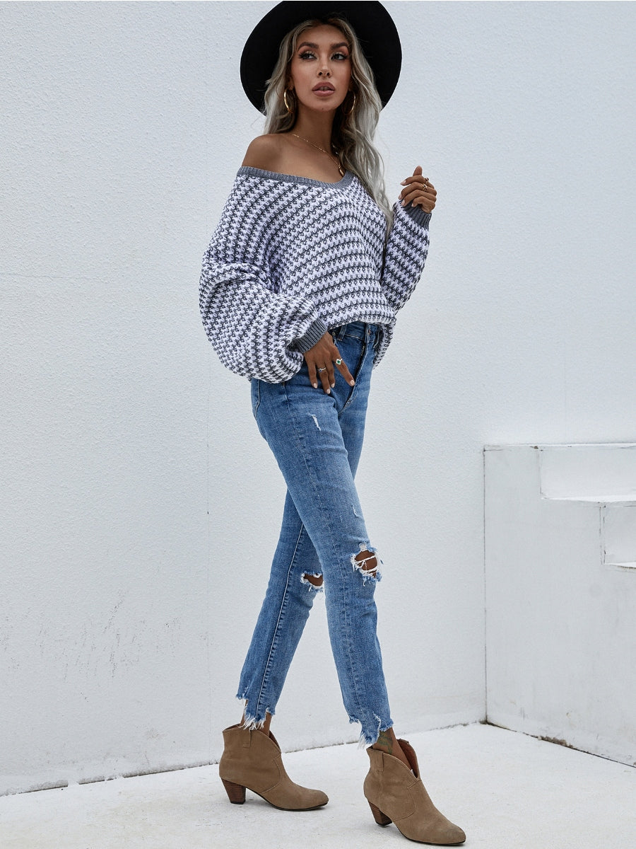 Puff sleeve V-Neck Sweater - Grey