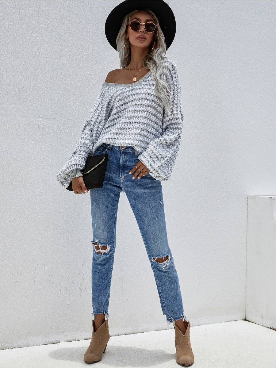 Puff sleeve V-Neck Sweater - Smoke