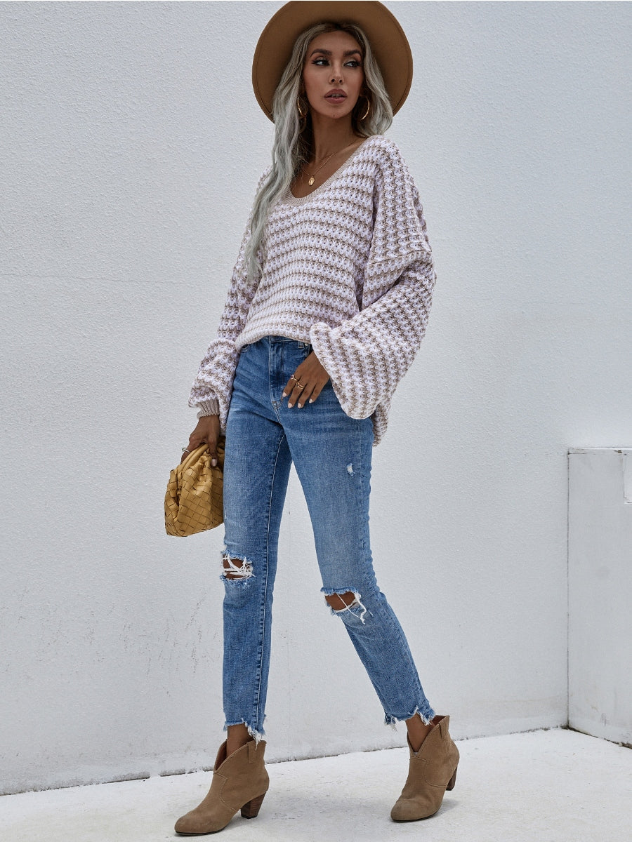 Puff sleeve V-Neck Sweater - Beige