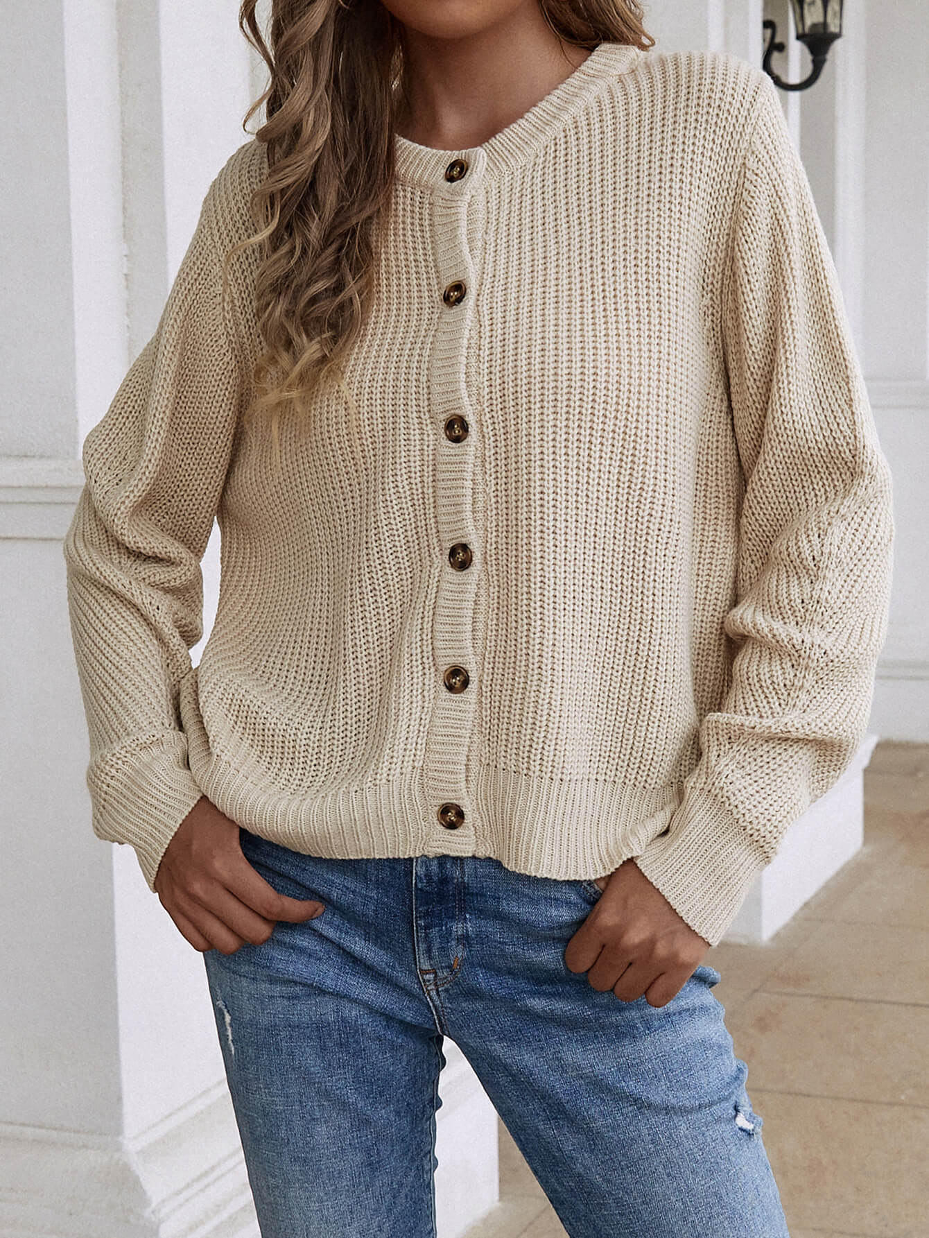 Front and Back Wearable Knit Cardigan - Beige