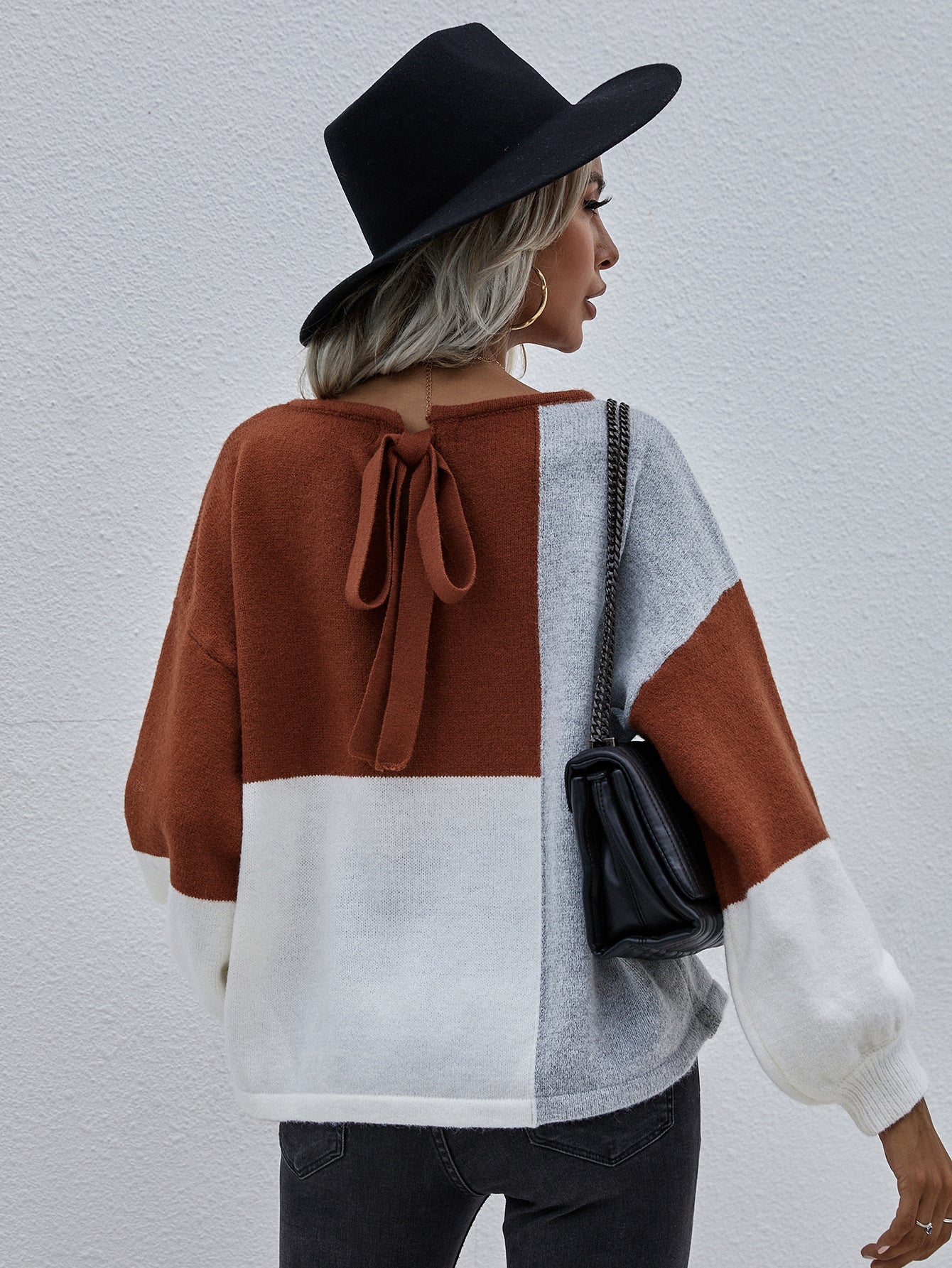 Color Block Pattern Knit Sweater - Brown