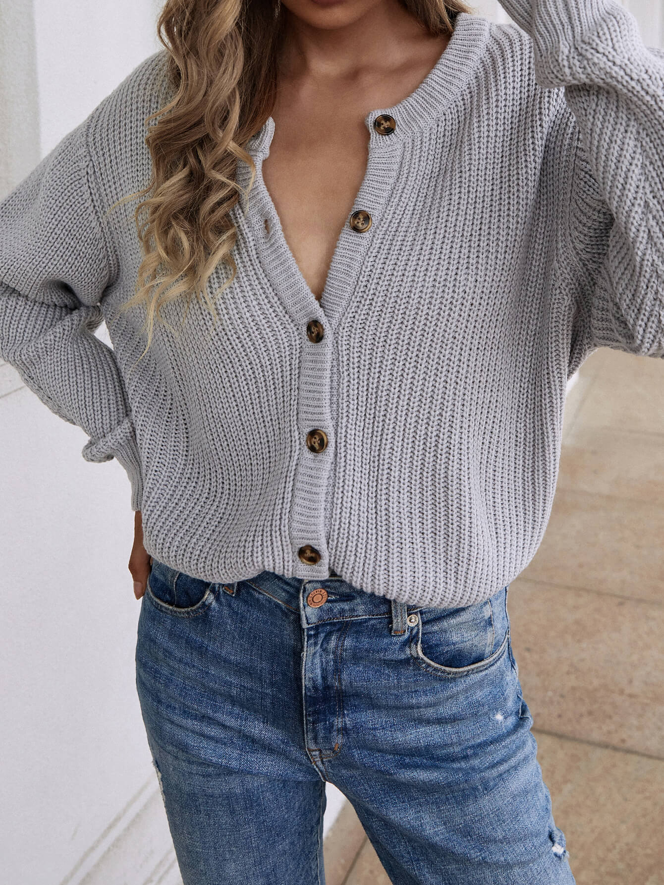 Front and Back Wearable Knit Cardigan - Grey
