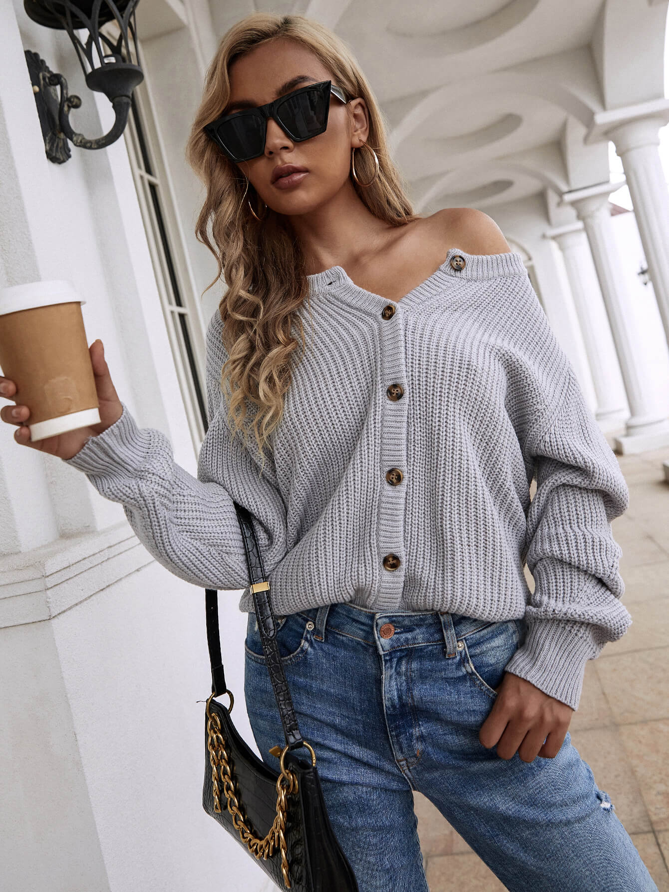 Front and Back Wearable Knit Cardigan - Grey