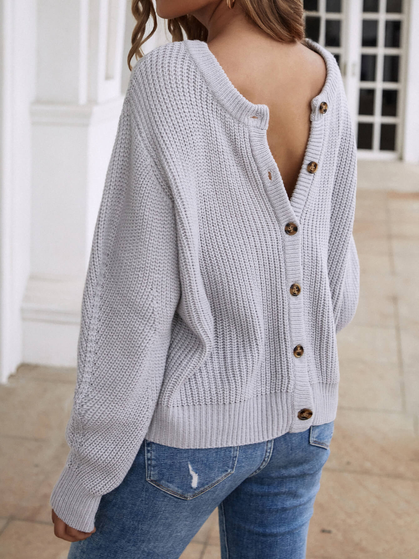 Front and Back Wearable Knit Cardigan - Grey