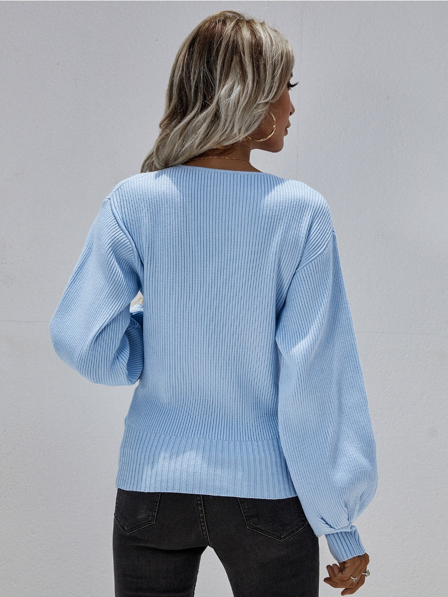 Lantern-Sleeve V-Neck Wrap Knit Top - Blue