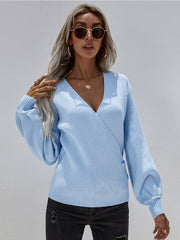 Lantern-Sleeve V-Neck Wrap Knit Top - Blue