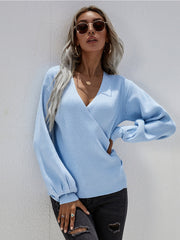 Lantern-Sleeve V-Neck Wrap Knit Top - Blue
