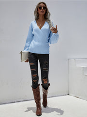 Lantern-Sleeve V-Neck Wrap Knit Top - Blue