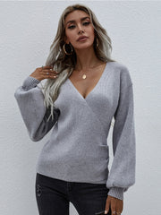 Lantern-Sleeve V-Neck Wrap Knit Top - Grey