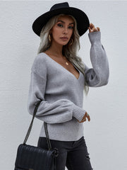 Lantern-Sleeve V-Neck Wrap Knit Top - Grey