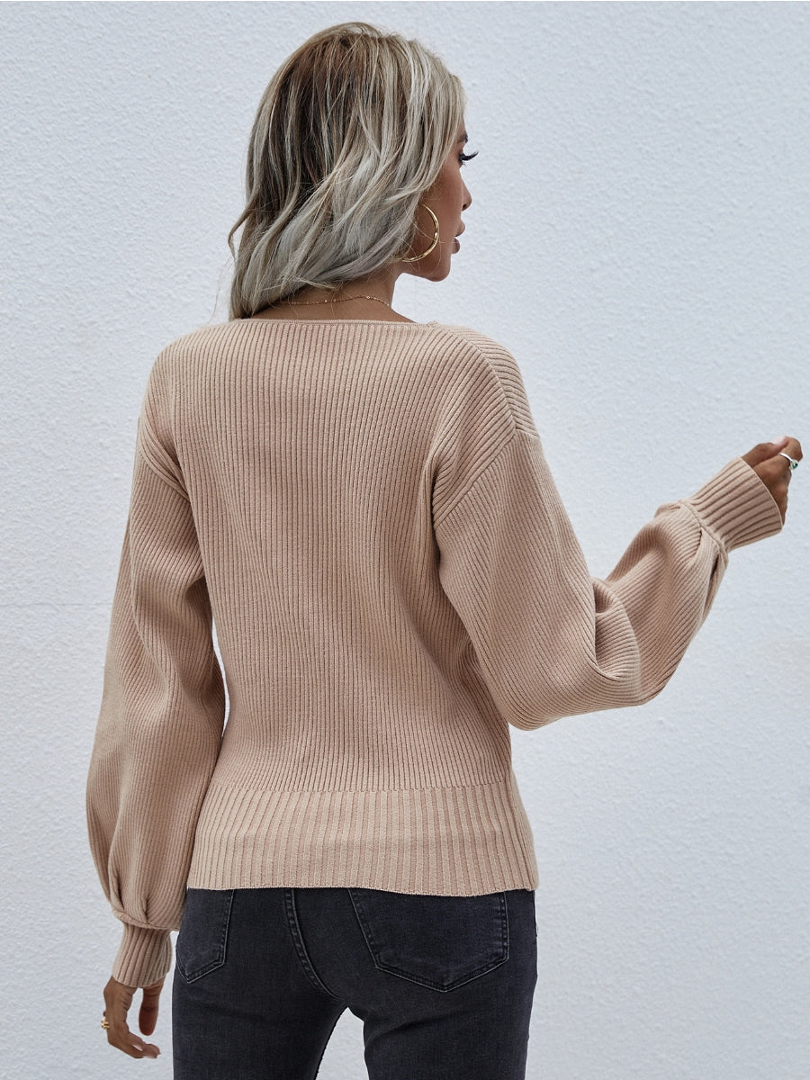 Lantern-Sleeve V-Neck Wrap Knit Top - Beige