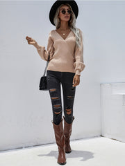 Lantern-Sleeve V-Neck Wrap Knit Top - Beige