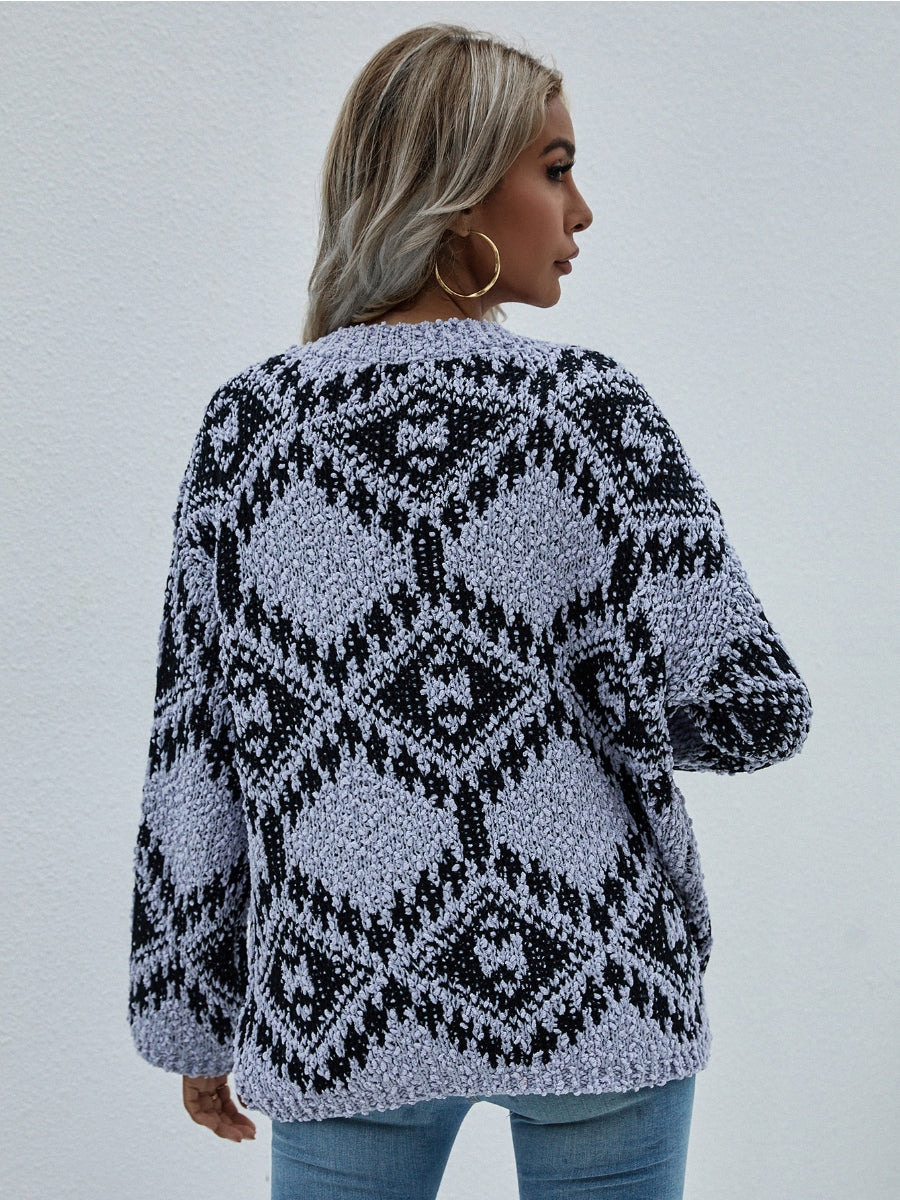 Geometric Pattern Lantern Sleeve Sweater - Grey