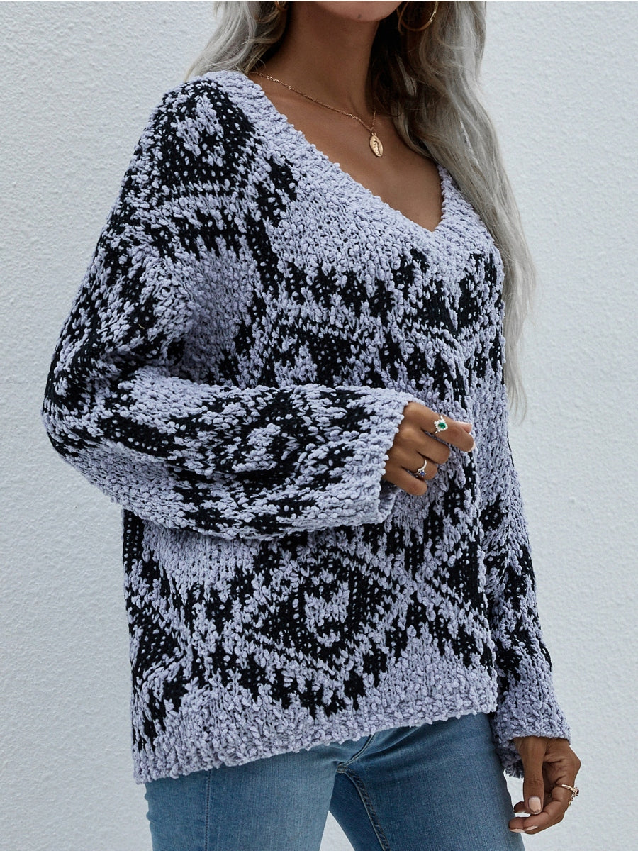 Geometric Pattern Lantern Sleeve Sweater - Grey