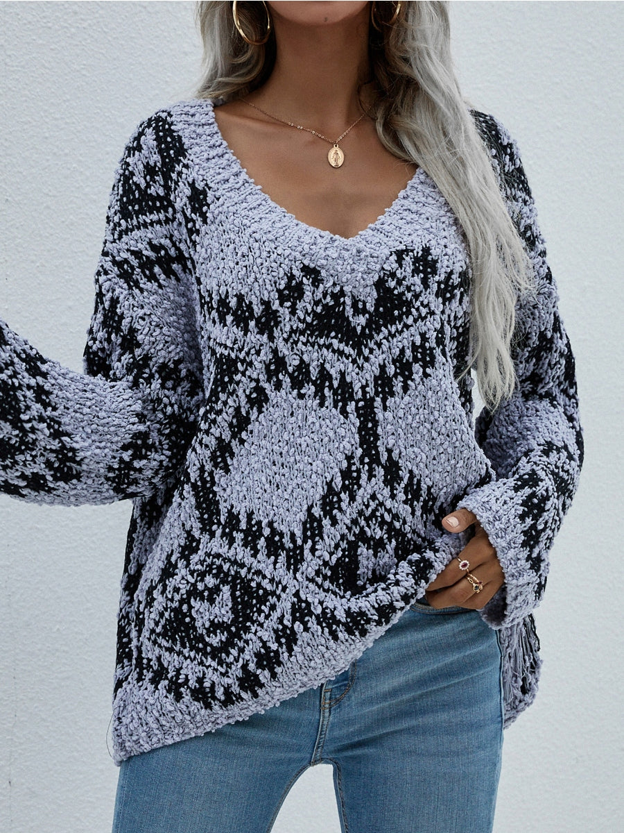 Geometric Pattern Lantern Sleeve Sweater - Grey