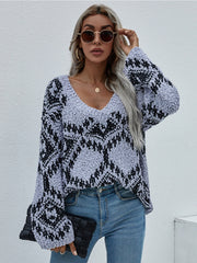 Geometric Pattern Lantern Sleeve Sweater - Grey