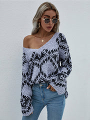 Geometric Pattern Lantern Sleeve Sweater - Grey