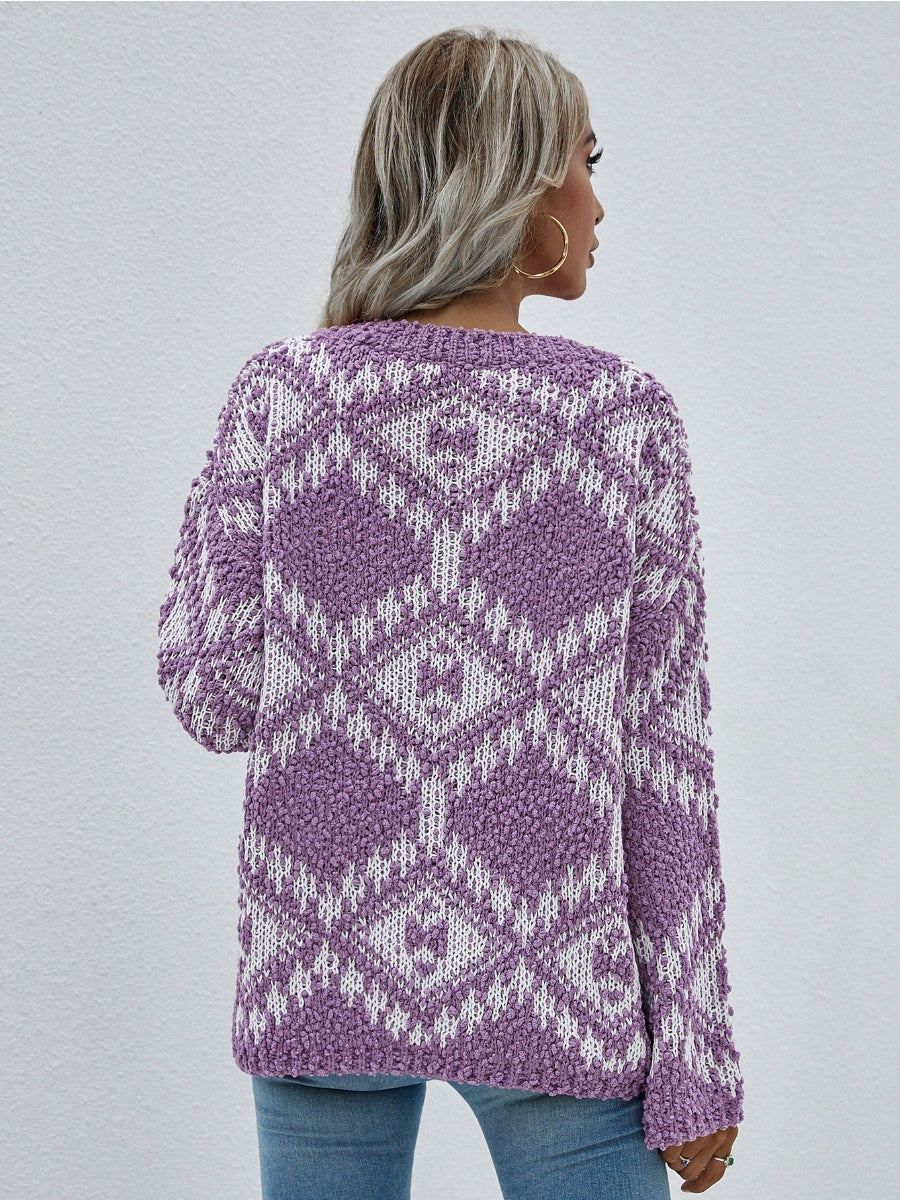 Geometric Pattern Lantern Sleeve Sweater - Purple