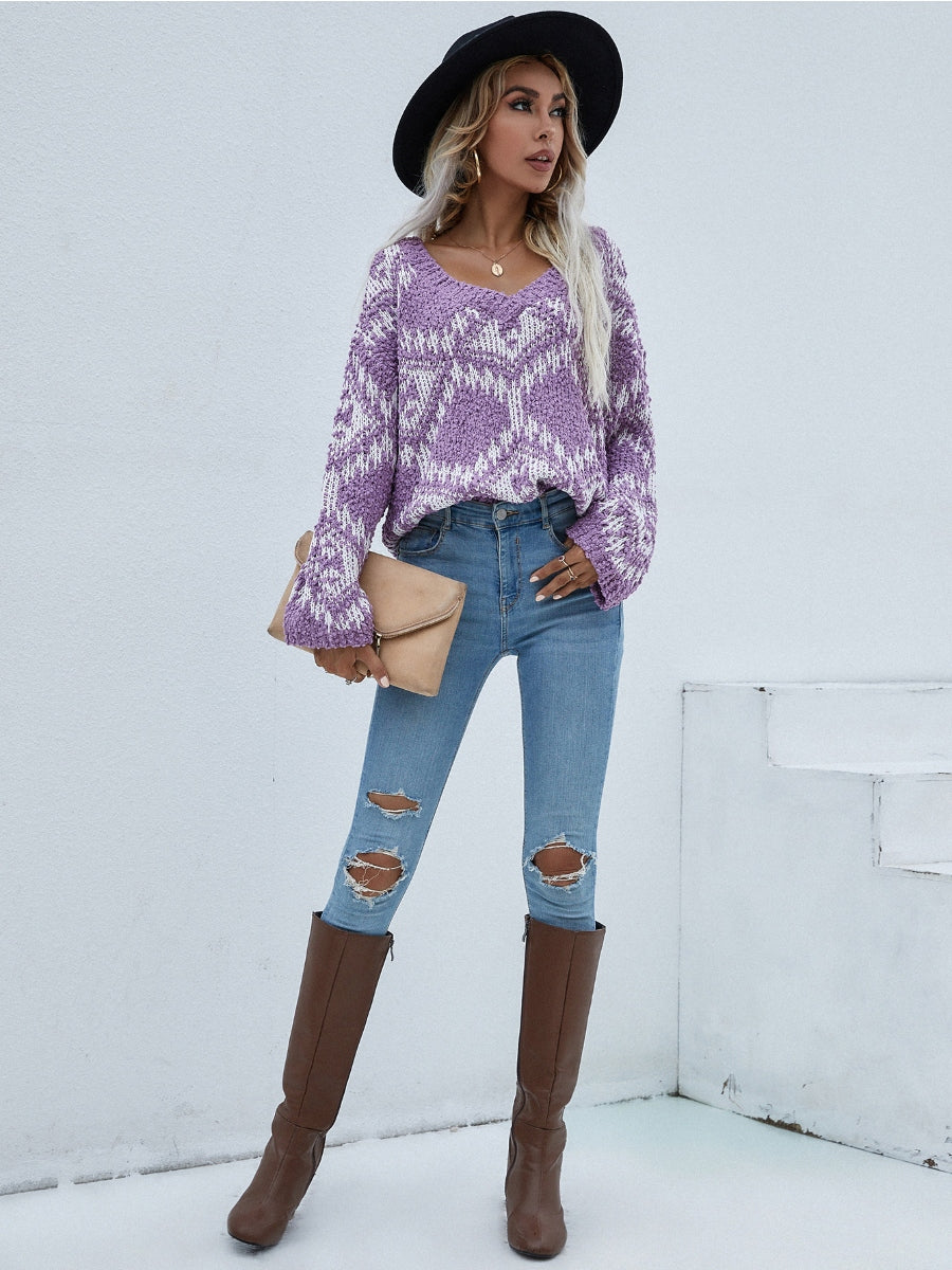 Geometric Pattern Lantern Sleeve Sweater - Purple