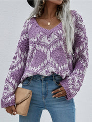 Geometric Pattern Lantern Sleeve Sweater - Purple