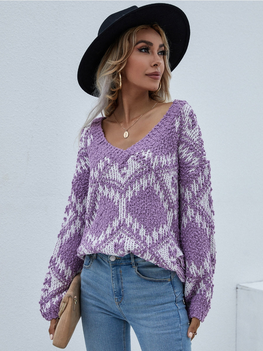Geometric Pattern Lantern Sleeve Sweater - Purple