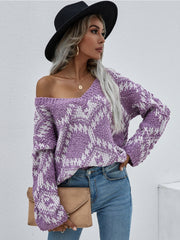 Geometric Pattern Lantern Sleeve Sweater - Purple