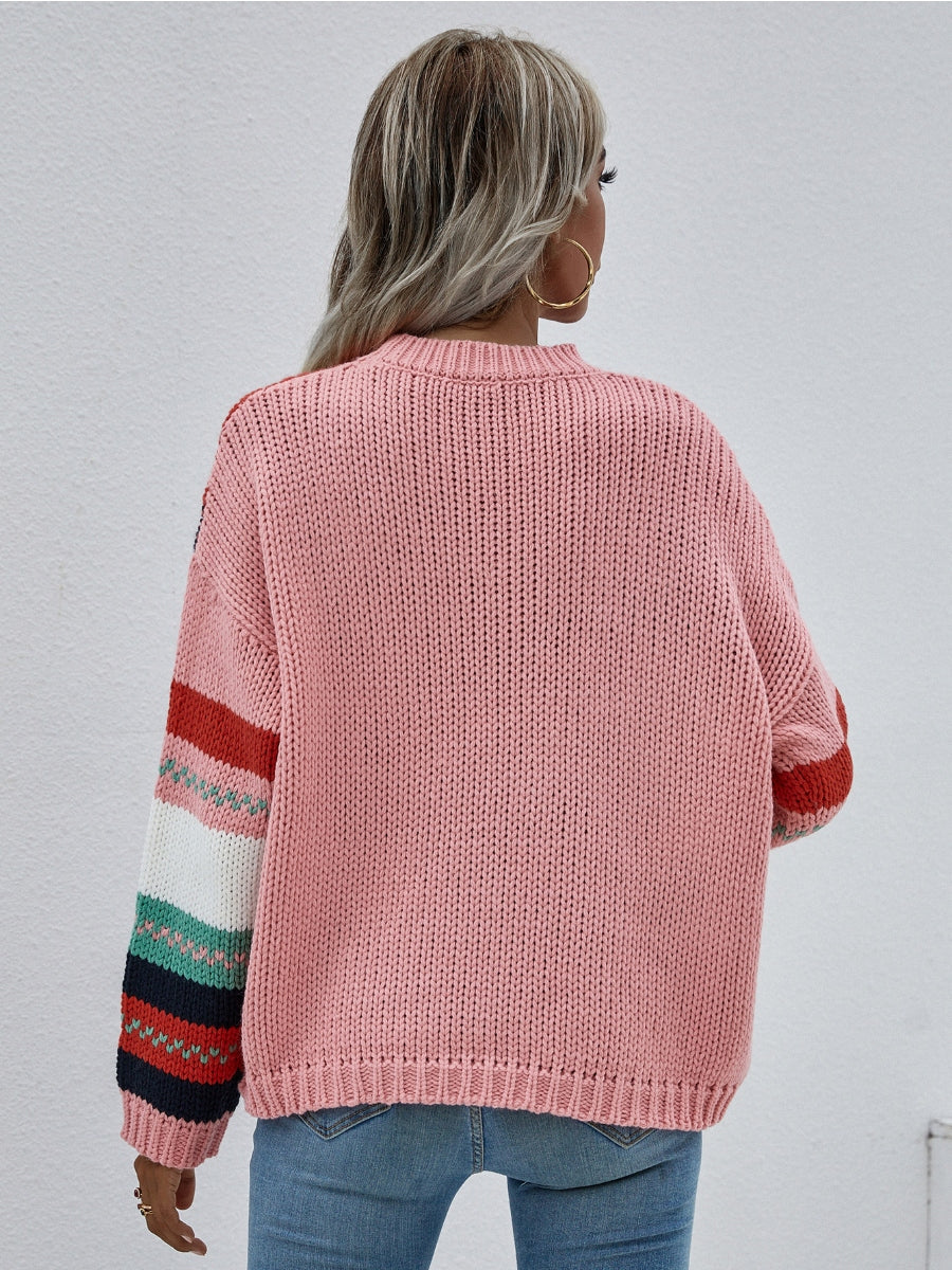 Stripe Color-Block Knit Long-Sleeve Top - Pink
