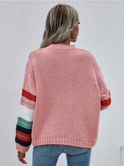 Stripe Color-Block Knit Long-Sleeve Top - Pink