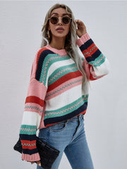 Stripe Color-Block Knit Long-Sleeve Top - Pink