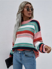 Stripe Color-Block Knit Long-Sleeve Top - Pink