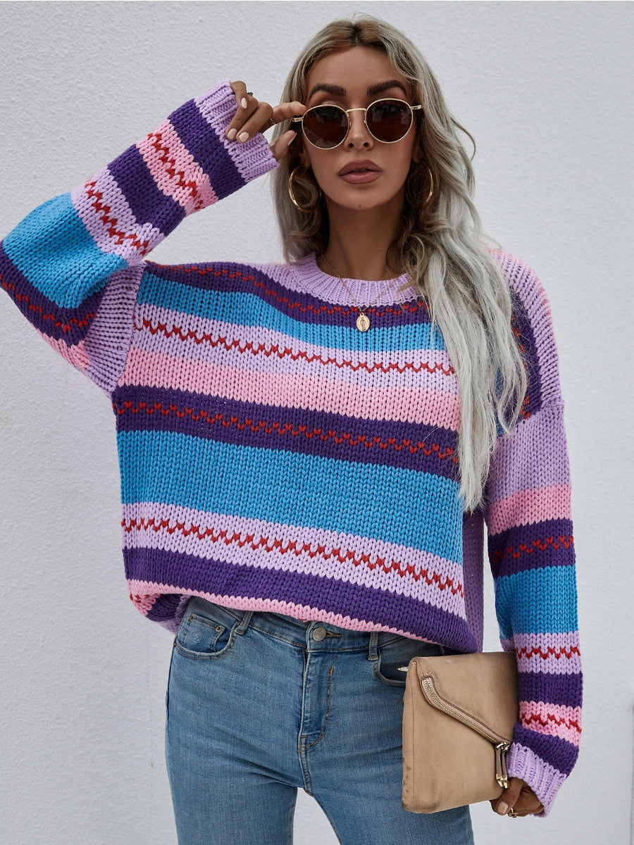 Stripe Color-Block Knit Long-Sleeve Top - Lalic