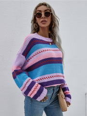 Stripe Color-Block Knit Long-Sleeve Top - Lalic