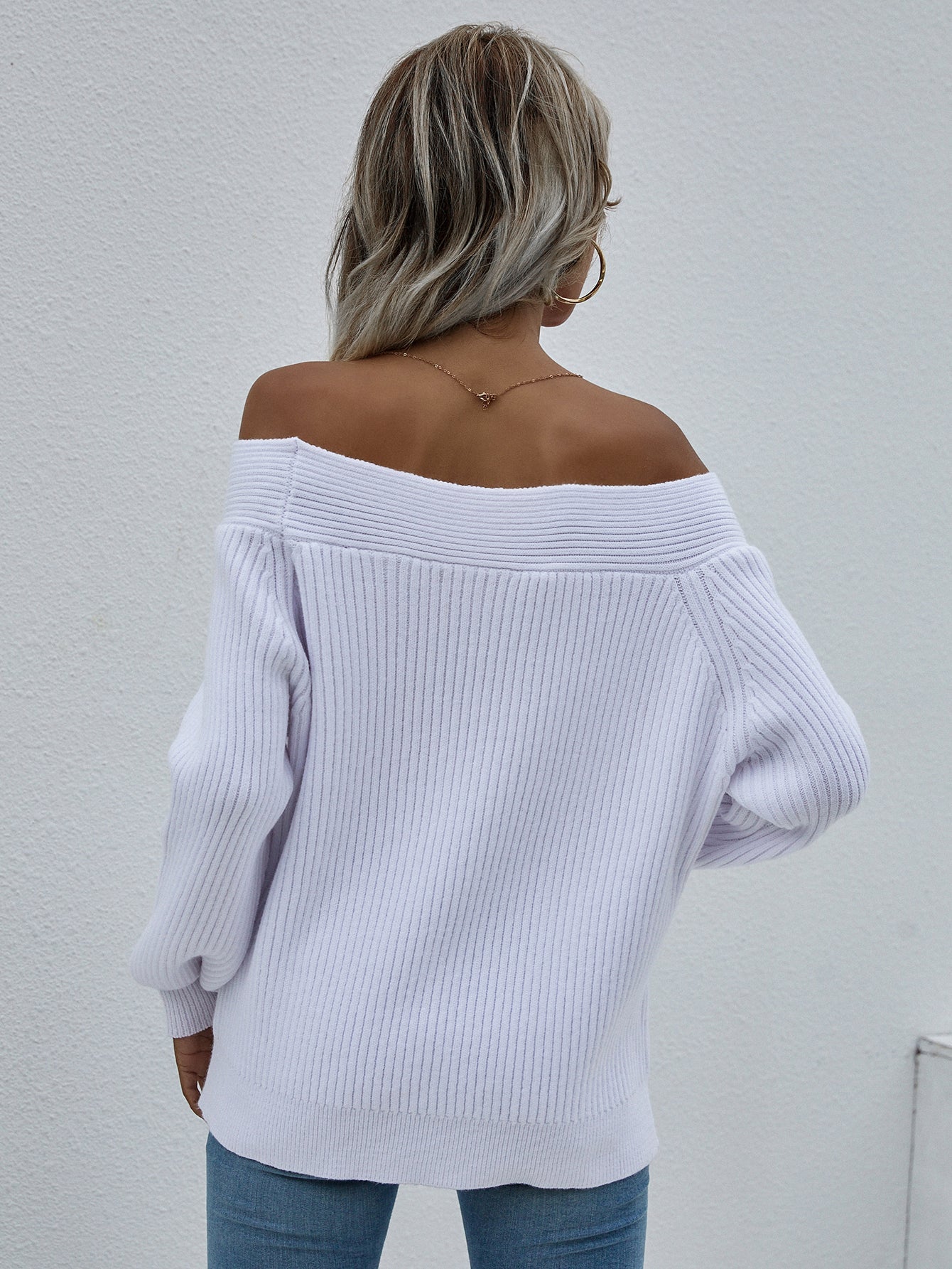 White Bell-Sleeve Off-Shoulder Knit Sweater