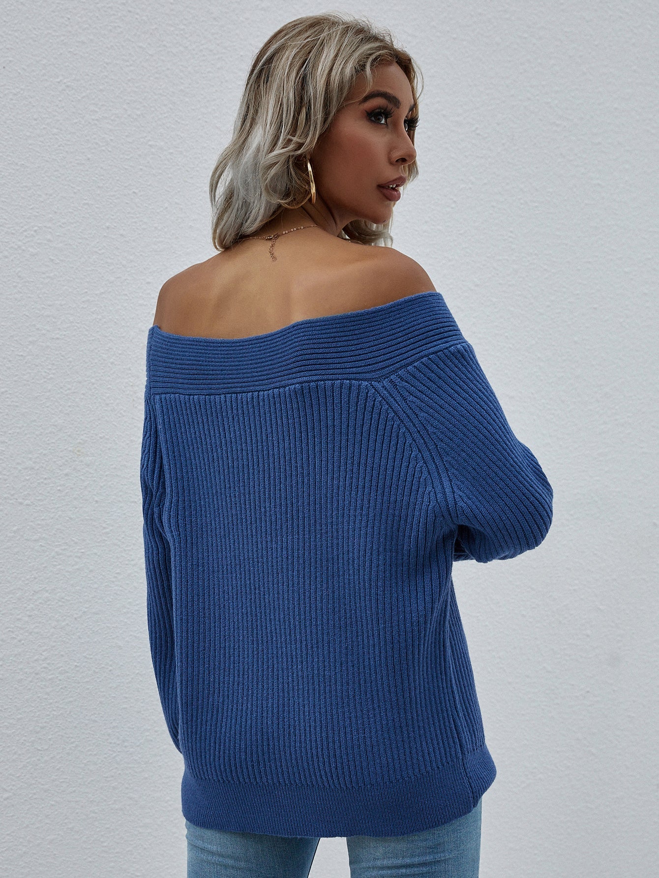 Navy Bell-Sleeve Off-Shoulder Knit Sweater