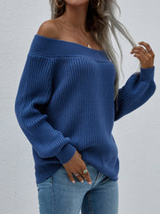 Navy Bell-Sleeve Off-Shoulder Knit Sweater
