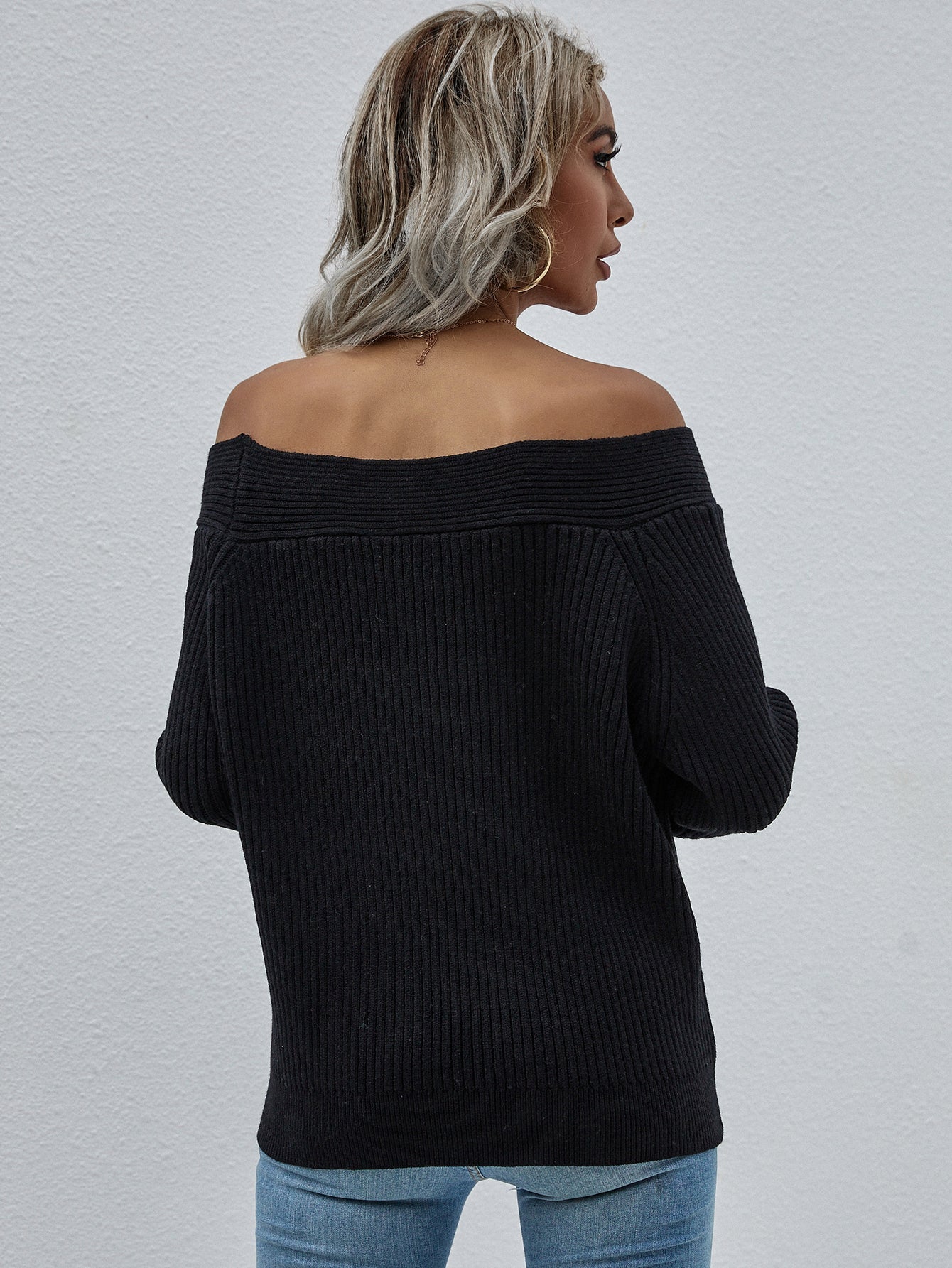 Black Bell-Sleeve Off-Shoulder Knit Sweater
