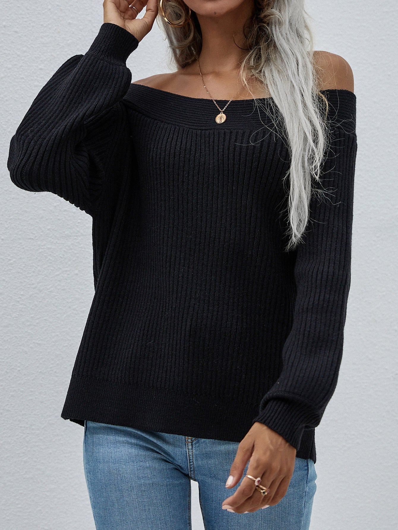 Black Bell-Sleeve Off-Shoulder Knit Sweater