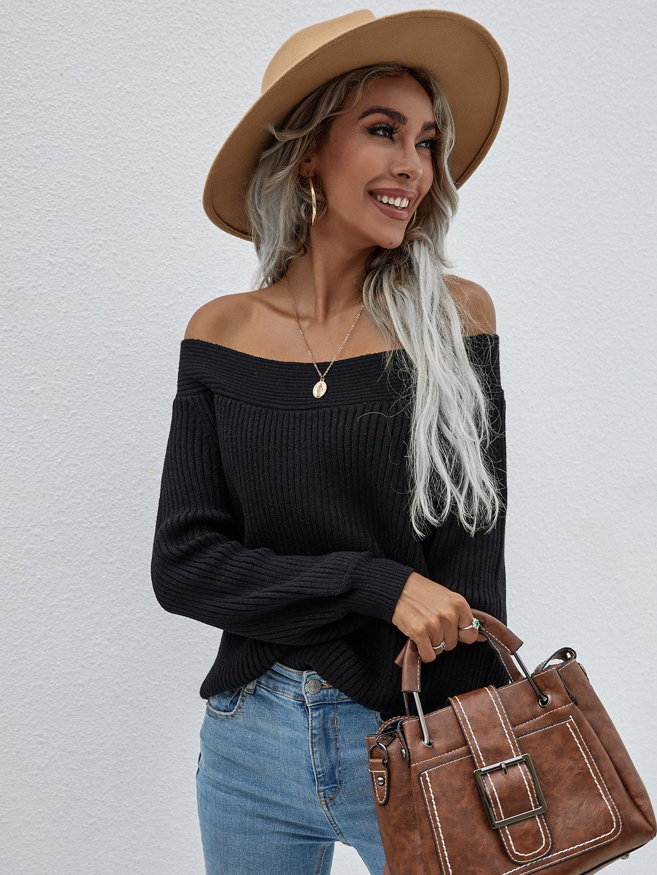 Black Bell-Sleeve Off-Shoulder Knit Sweater